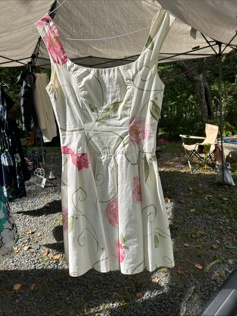 Sleeveless Floral Midi Dress in White with Pink & Green Print